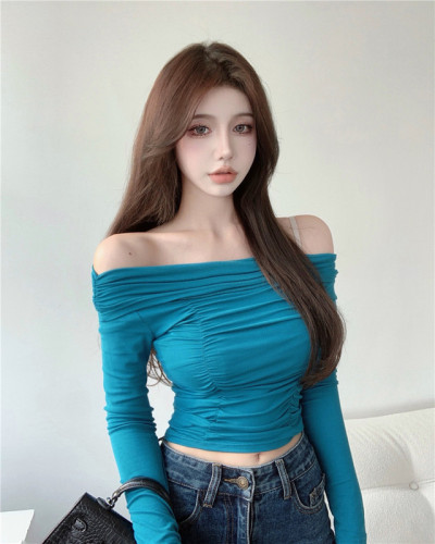 Actual shot of elastic slim design one-shoulder internet celebrity long-sleeved T-shirt for women