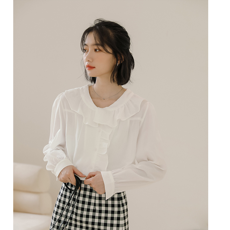 實拍2023新款 白/奶杏 溫柔的荷葉領長袖襯衫女寬鬆襯衣上衣