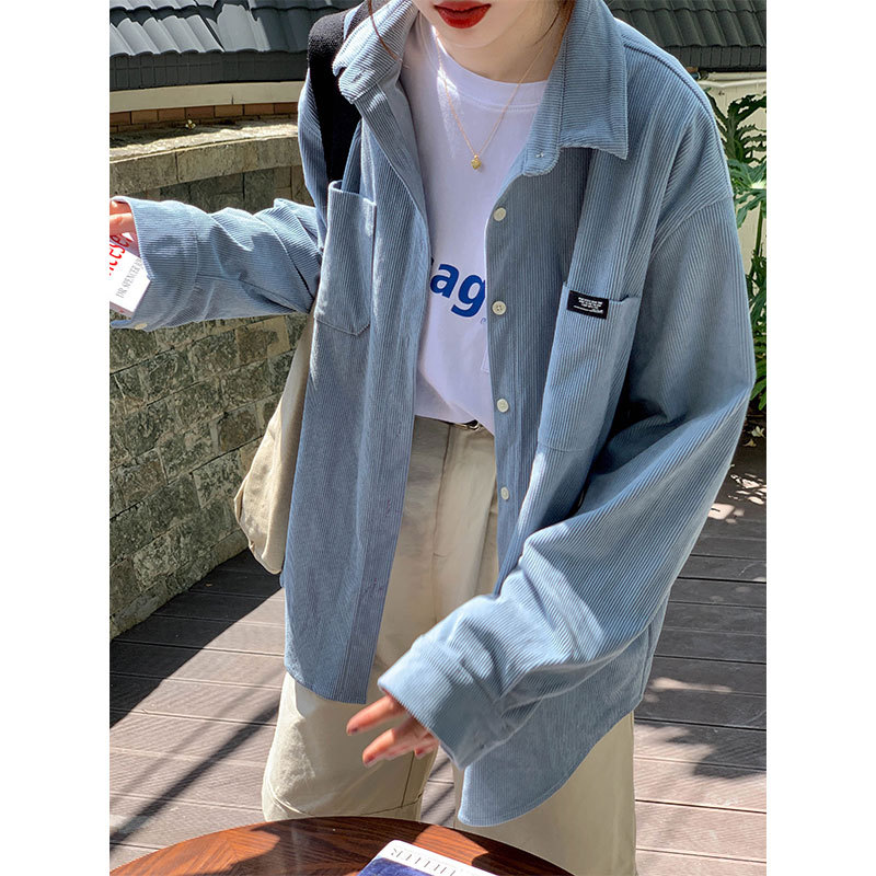 實拍2023韓版外穿燈芯絨襯衫女復古港味疊穿長袖襯衣打底上衣