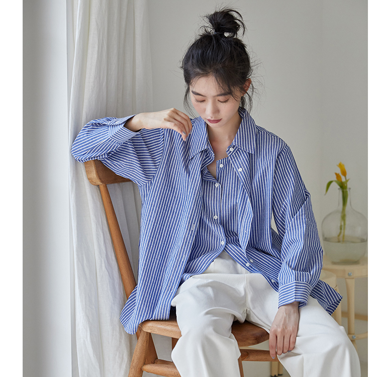 實拍 2023秋季新款清爽假兩件 條紋襯衫女設計感小眾韓版寬鬆襯衣