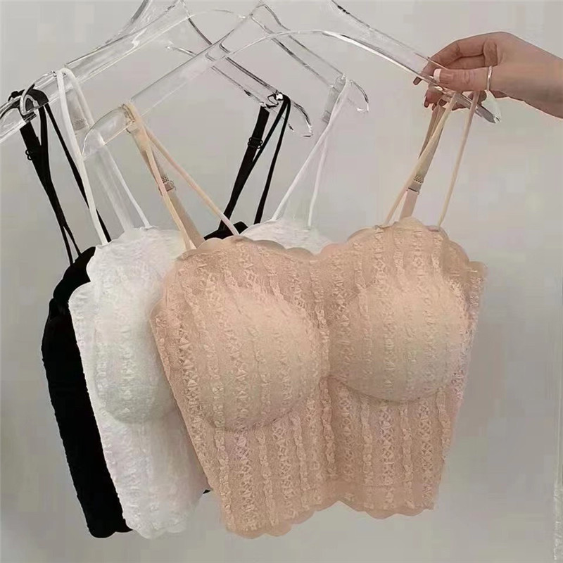 *~蕾絲美背吊帶背心帶胸墊百搭秋冬季內搭甜辣無袖上衣女