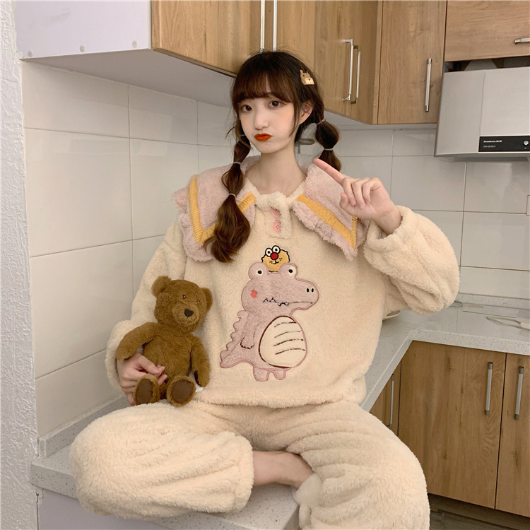 實拍~秋季ins休閒可愛娃娃領睡衣毛絨絨恐龍寬鬆套裝