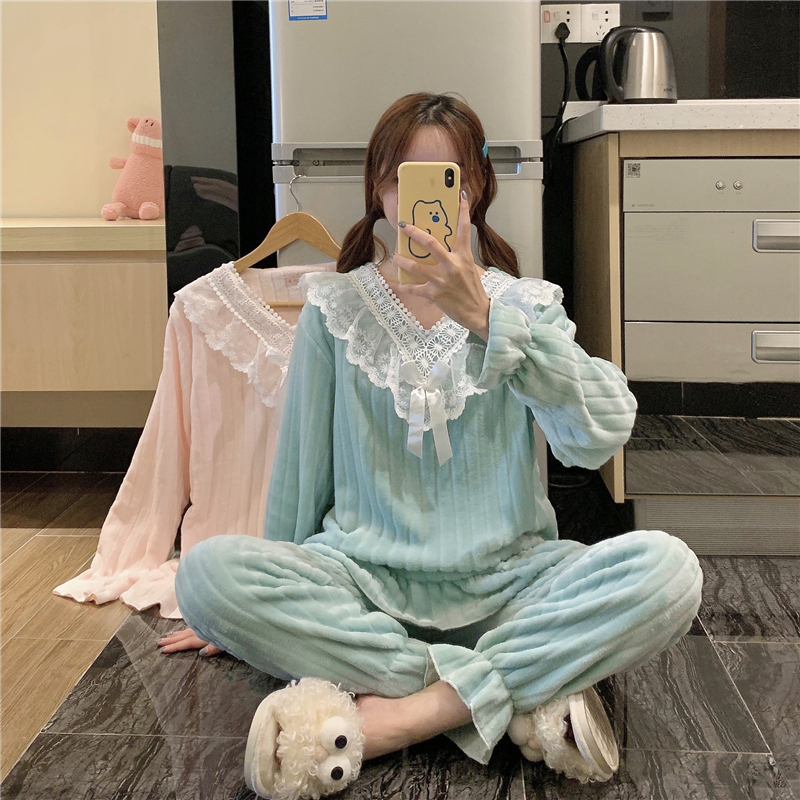 實拍 新款睡衣女秋冬珊瑚絨公主風甜美可愛網紅款加厚家居服套裝