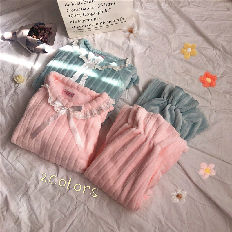 實拍  新款睡衣女秋冬季韓版家居服加絨加厚套裝