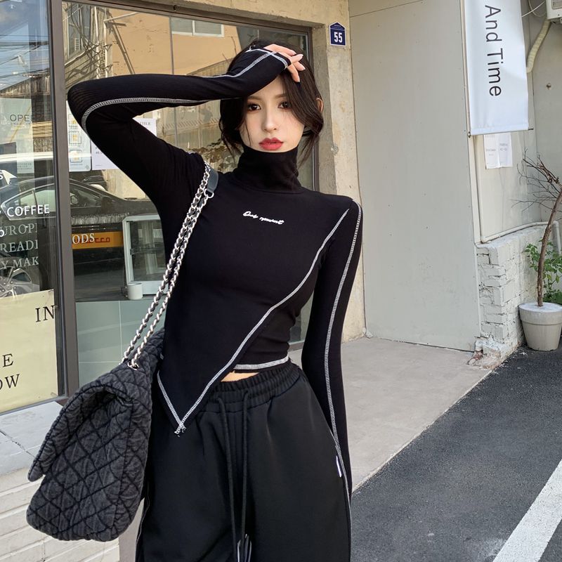 實拍辣妹風字母印花修身短款高領長袖墊肩加絨打底衫上衣潮