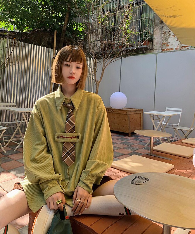 實拍 秋冬韓chic簡約燈芯絨襯衫外套送領帶