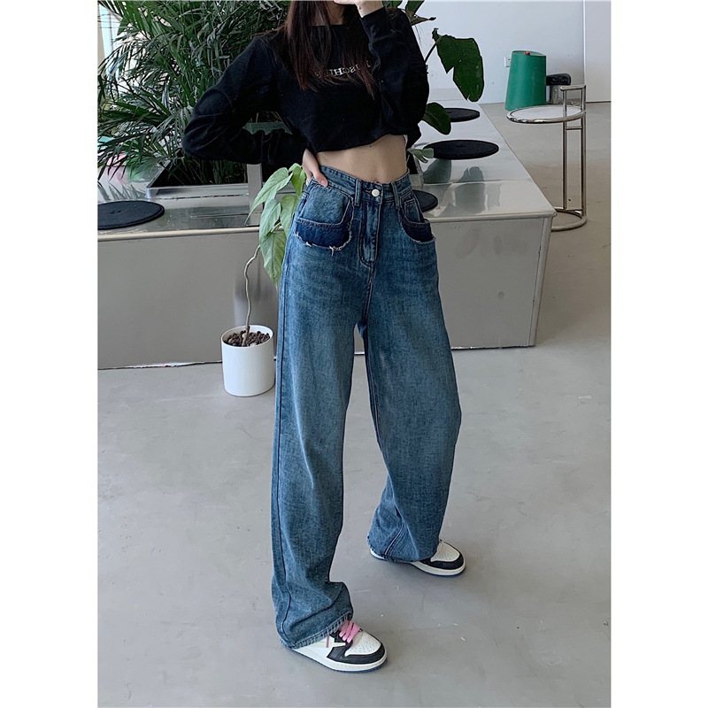 實拍 韓版寬鬆垂感顯瘦牛仔褲女水洗高腰闊腿褲長褲