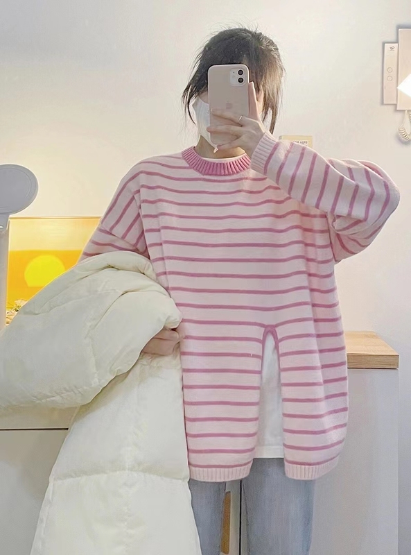 粉色毛衣女秋冬季軟糯慵懶風高級感設計感條紋針織衫