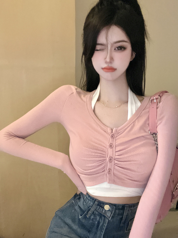 實拍 秋季純欲V領上衣女修身顯瘦辣妹設計感小眾針織防曬開衫