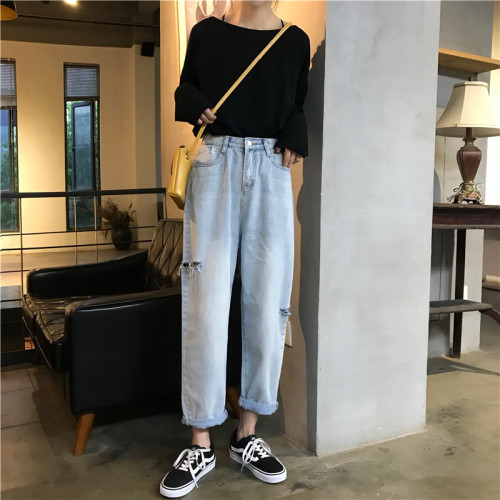 Pants for women spring  new Korean style high-waisted internet celebrity ripped jeans loose straight pants nine-point pants