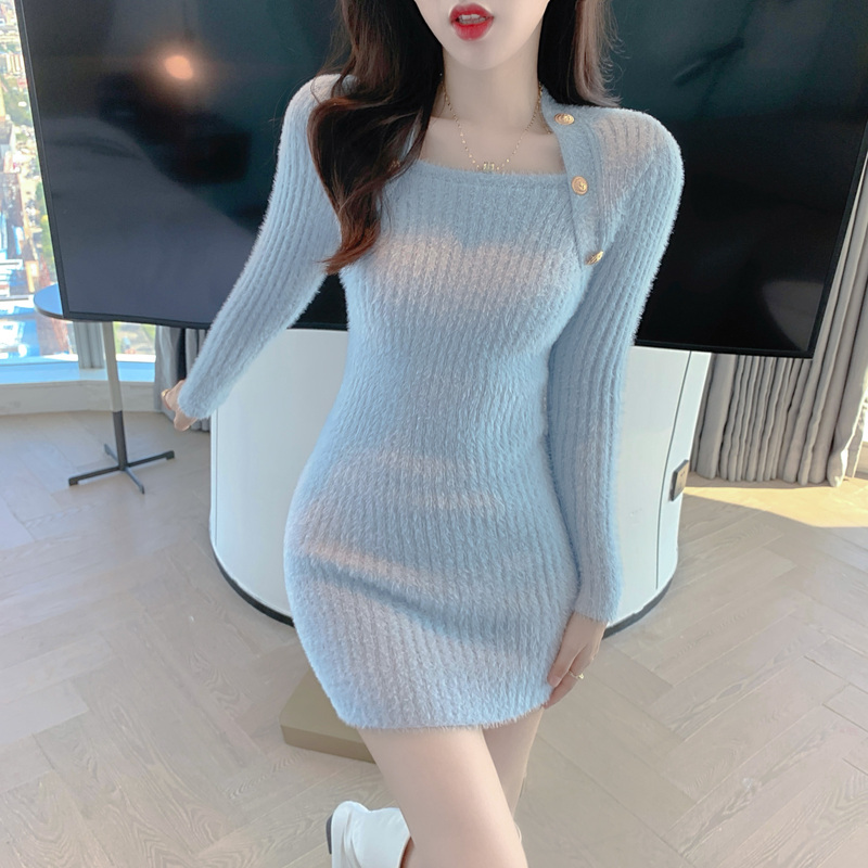 Real shot of a sweet, sexy, slim-fitting butt-covering, soft and waxy Baman style celebrity-style knitted dress bottoming skirt