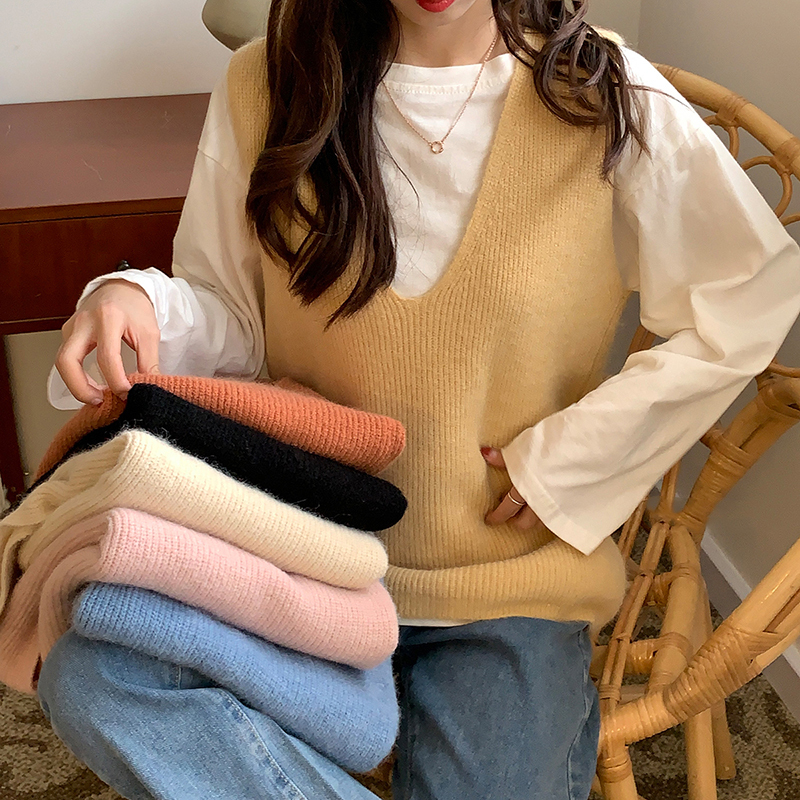 實拍  復古純色V領毛衣女秋季慵懶外穿百搭針織馬甲寬鬆上衣