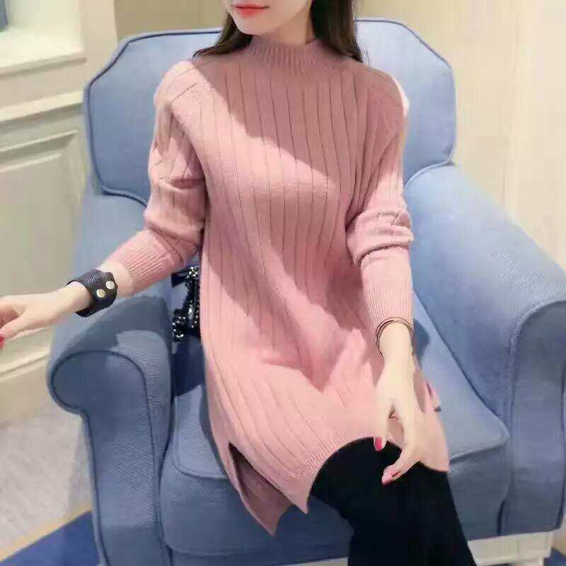 秋冬裝新款韓版女裝針織衫外套秋冬中長款半高領寬鬆套頭毛衣裙
