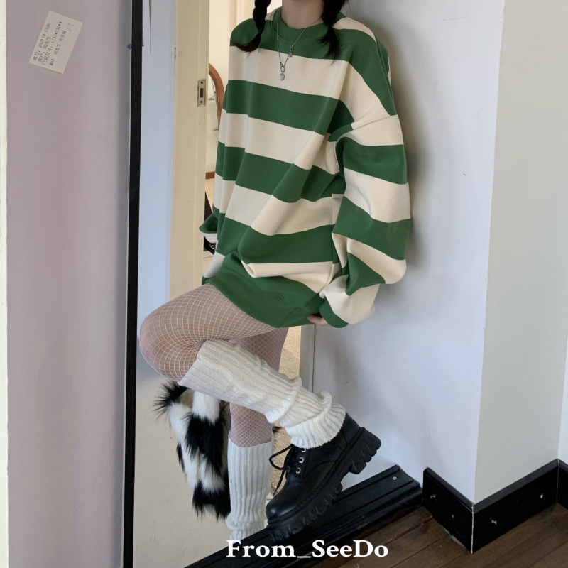 實拍 三標齊 韓版復古條紋加絨長袖圓領衛衣寬鬆中長款顯瘦上衣