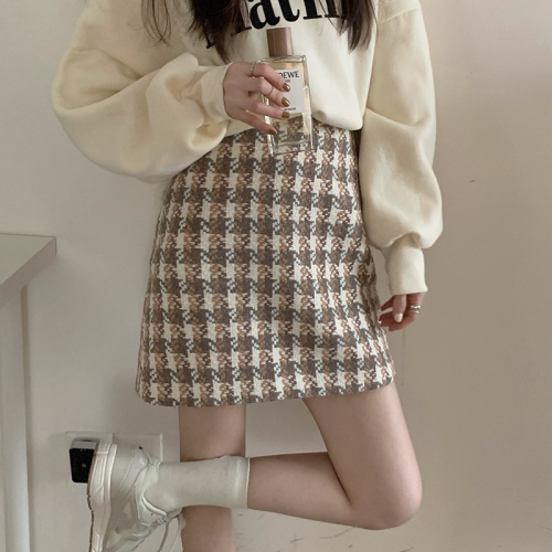 Actual shot of houndstooth woolen skirt for women, high-waisted, slimming, autumn and winter versatile A-line skirt