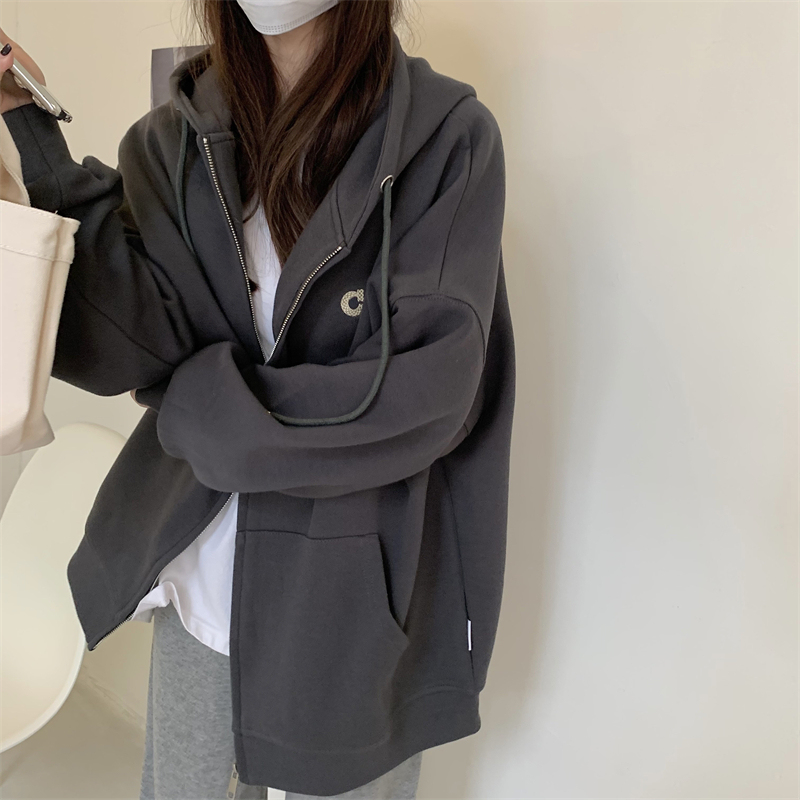 Real shot hooded long-sleeved sweatshirt for women autumn lazy style oversize zipper jacket