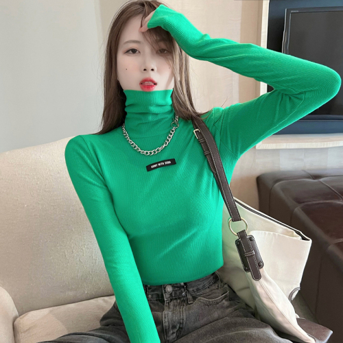 Actual shot of turtleneck bottoming shirt for women with stacked collar and thickened warm brushed long-sleeved T-shirt