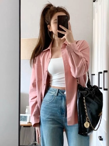 Pink polo collar shirt jacket autumn  new Korean fashion age-reducing casual loose long-sleeved top for women