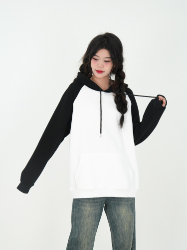 Real shot 100% cotton surface Huamian  new autumn and winter thin velvet raglan color block printed hooded sweatshirt for women