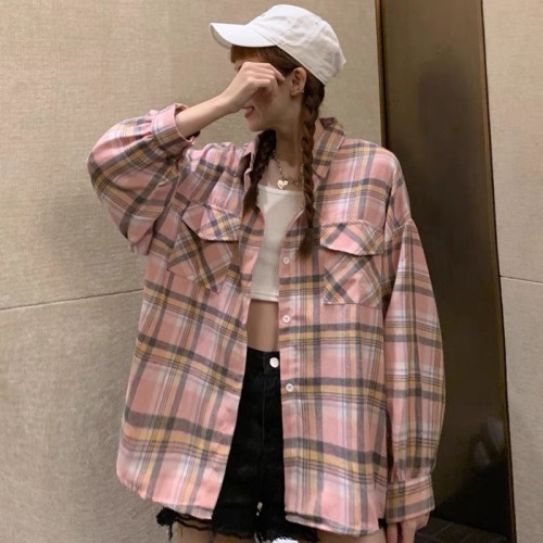 Coat for women spring and autumn  new sun protection clothing for women summer Korean style loose plaid long-sleeved shirt thin cardigan