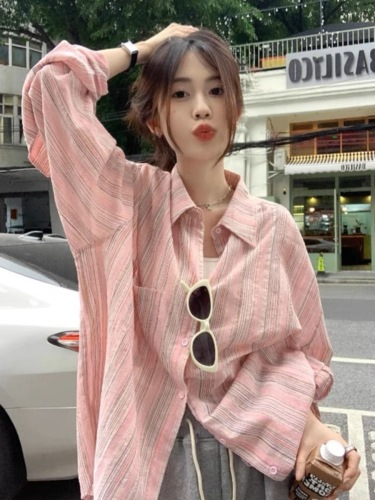 Original fabric breathable and thin striped cotton and linen long-sleeved shirt for women summer oversize design pink sun protection