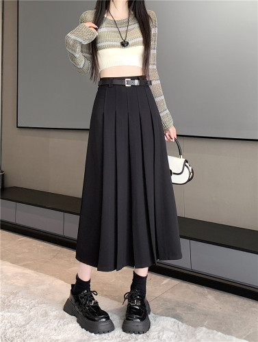 Gray suit skirt for women  autumn mid-length pleated high-waisted slim and drapey A-line long skirt