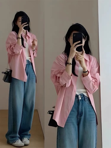 Pink polo collar shirt jacket autumn  new Korean fashion age-reducing casual loose long-sleeved top for women