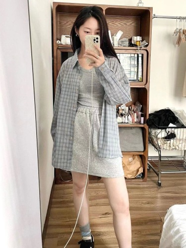 Original fabric blue plaid shirt women's summer sun protection shirt loose lazy style cardigan thin casual long sleeve