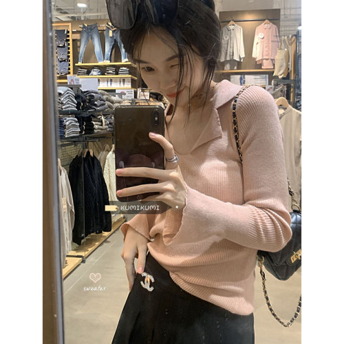 Niche slim fit inner pink long-sleeved sweater for women autumn and winter design sweater slimming bottoming shirt ins top