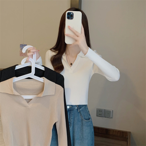 French Polo Shirt Women's Spring Autumn Winter Long Sleeve Straight Shoulder T-Shirt Women's Short Style Slim Small Size Underwear Top 