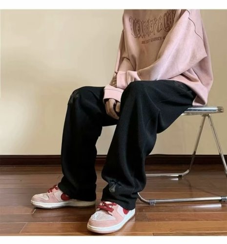 American corduroy sweatpants men's autumn and winter new trendy brand loose wide-leg casual pants plus velvet versatile straight trousers