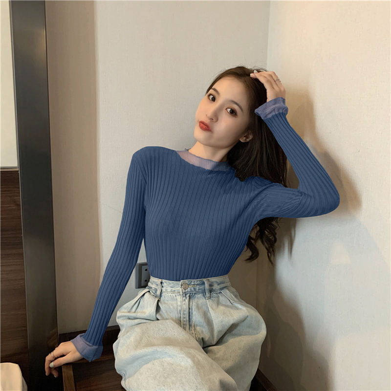Actual shot of Korean style versatile core-spun yarn, lace and mesh stitching pit striped sweater long-sleeved bottoming shirt top