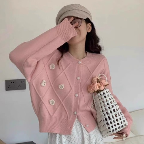 Cardigan Sweater Women's Autumn and Winter New  Loose Round Neck Flower Design Niche Knitted Jacket Short Top