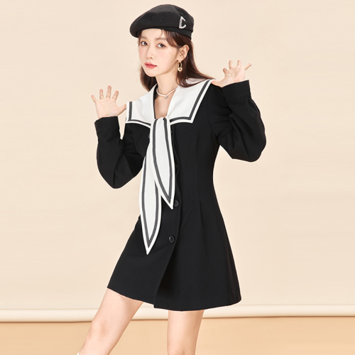 French British style navy collar high waist slim mid-length double breasted black temperament suit dress for women in autumn