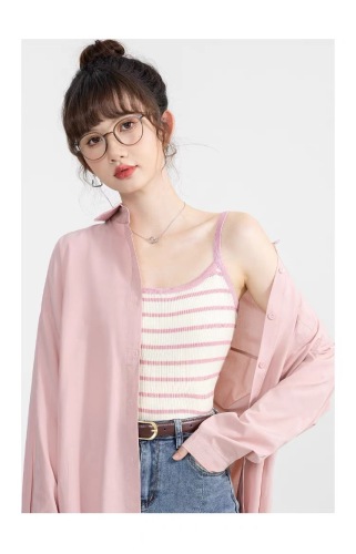 New early autumn lotus pink pure cotton shirt for women to wear inside and outside niche design long-sleeved tops petite shirt