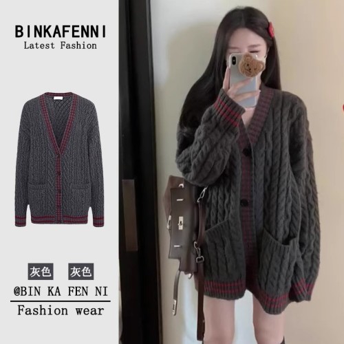 Korean style lazy style soft waxy twist cardigan sweater for women in autumn and winter loose mid-length outer thick knitted jacket