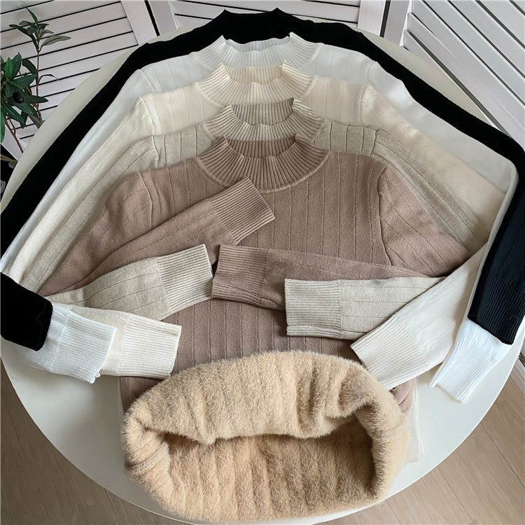 Actual shot of versatile all-in-one velvet thickening, slimming and warm half-turtleneck sweater knitted bottoming trend