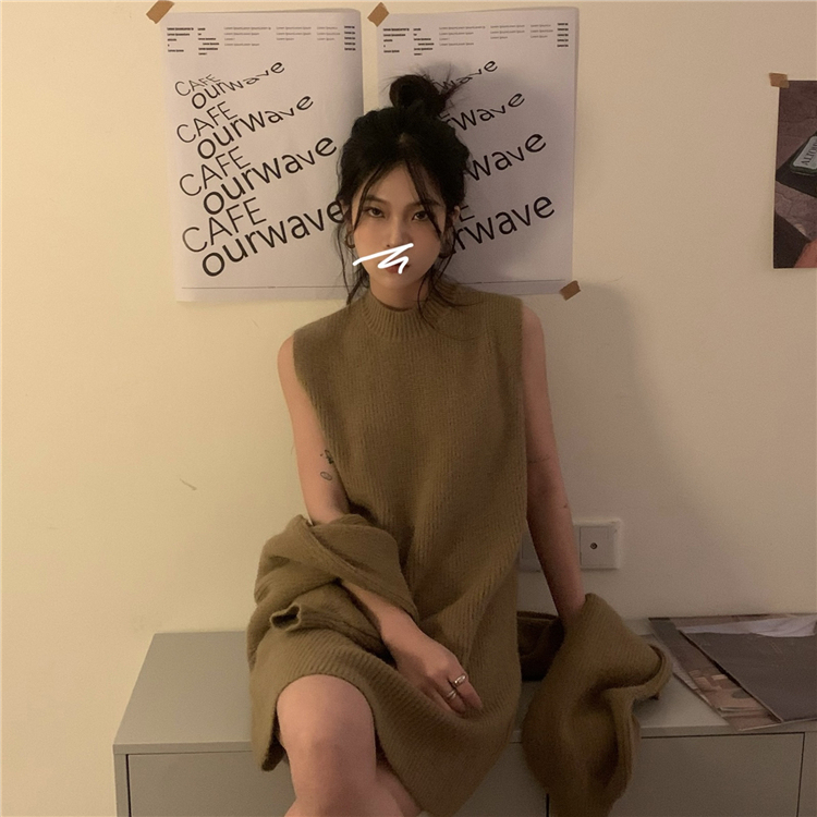 實拍~洋氣ins兩件套氣質寬鬆高領毛衣+打底顯瘦背帶裙