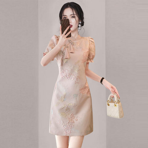 Gentle style puff sleeve slim dress  summer new women's elegant embroidered improved cheongsam dress