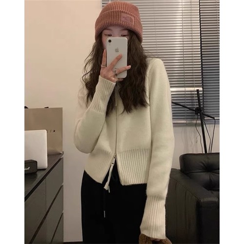 Autumn and winter soft waxy double zipper hooded knitted cardigan for women, high-end lazy style outer sweater jacket pink top