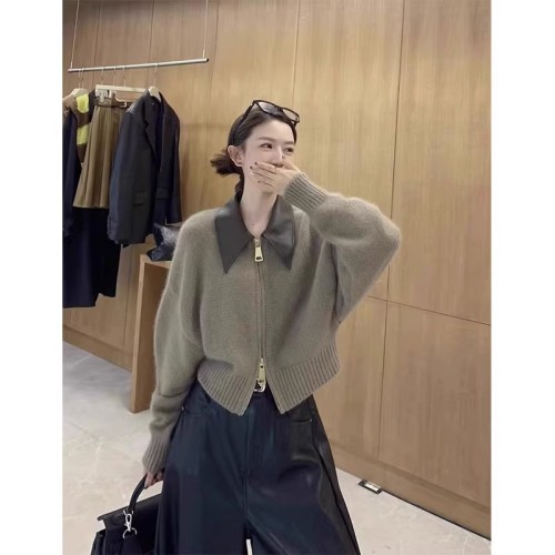 European high-end leather POLO collar stitching knitted cardigan double-ended zipper lazy style raccoon velvet sweater jacket for women