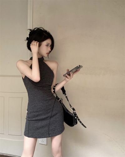 Hot Girl Knitted Halter Dress Female Spring  New Sleeveless Hip Skirt Tight Sexy Waist Dress