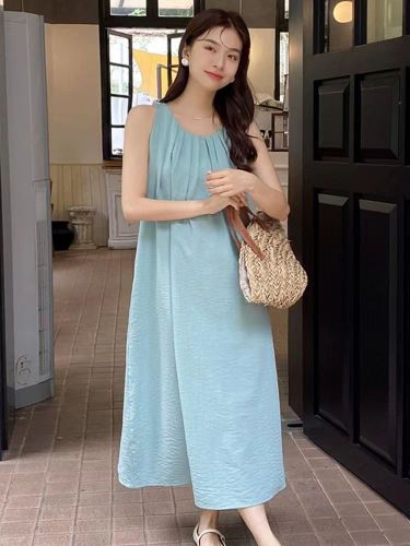 Niche sleeveless vest dress for women summer French loose flesh-covering seaside vacation dress long skirt 3333