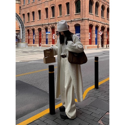 Gray hooded sweater coat for women, loose, lazy style, long knitted cardigan, outer wear for women, thickened autumn and winter coat