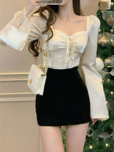 Temperament Square Neck Satin Bell Sleeves Spliced ​​Lace Long Sleeve Shirt Women  New Slim Short Sexy Top