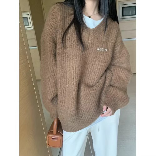 kumikumi lazy style soft waxy sweater V-neck pullover sweater women's autumn loose casual long-sleeved top