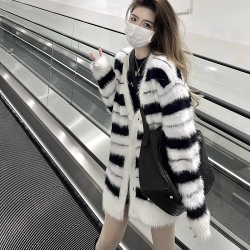  new autumn and winter mohair mid-length black and white striped sweater for fat mm women loose cardigan sweater jacket