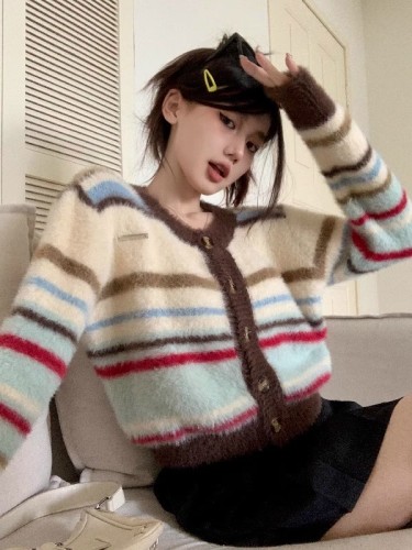 Niche color-blocked striped long-sleeved sweater for women in autumn, fufu soft and waxy short furry chic top