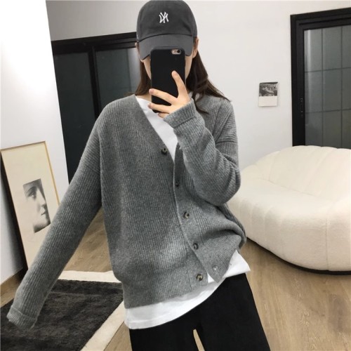 High quality autumn and winter new BI Korean style V-neck textured single-breasted sweater cardigan coat knitted sweater tops for women