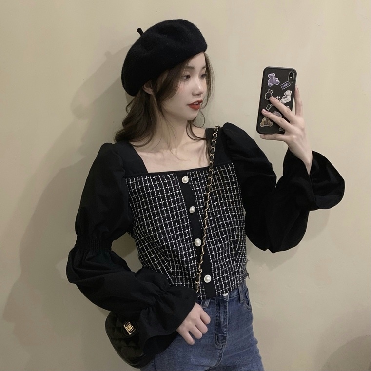 實拍！法式復古方領短款上衣女 韓版甜美花瓣袖氣質拼接襯衣